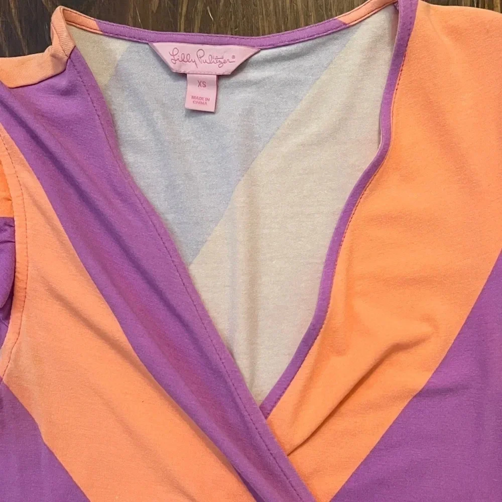 LILY PULITZER Adriel Ruffle Striped Flutter Sleeve Wrap Dress Purple & Orange - Picture 6 of 9